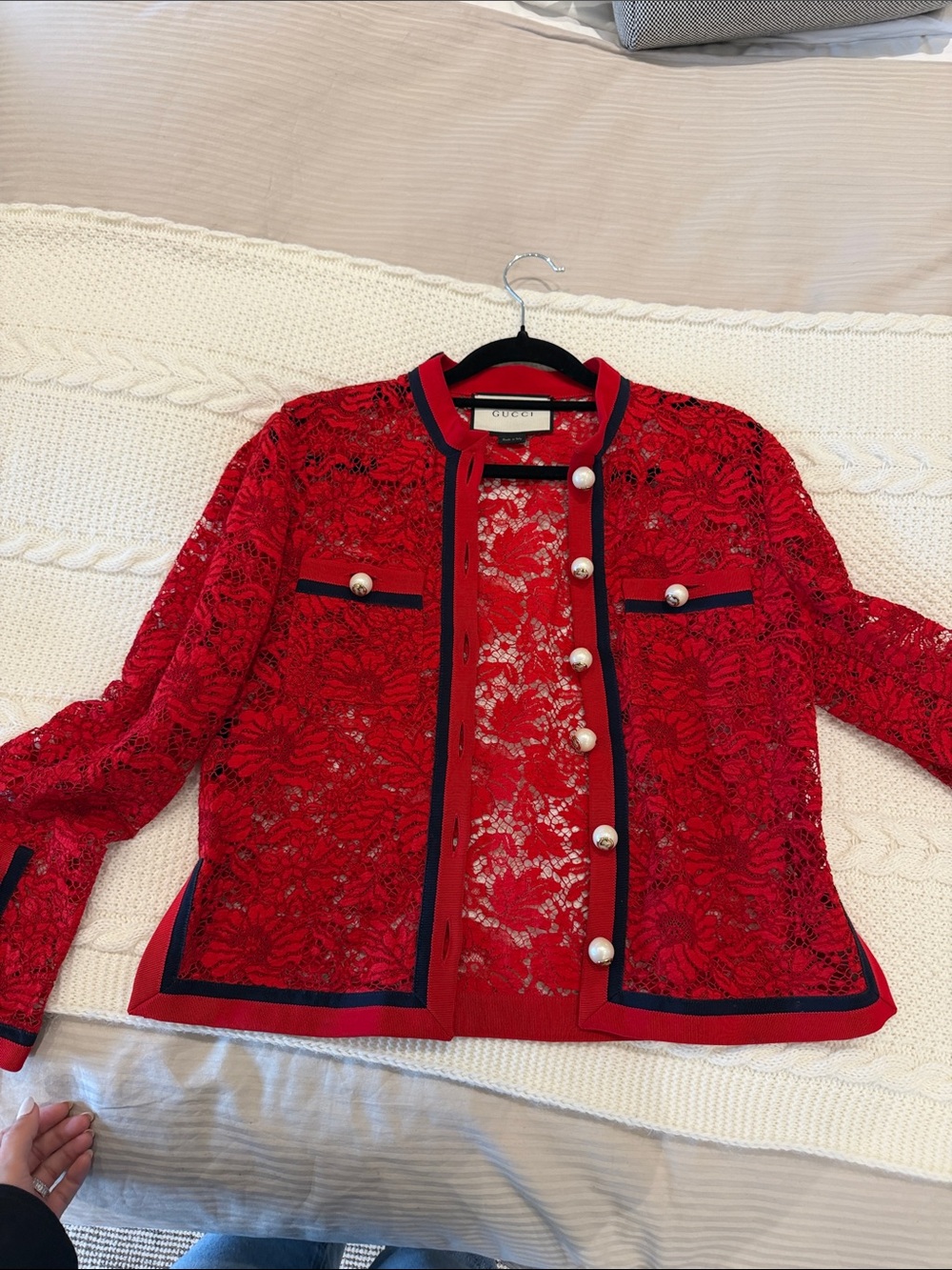 Gucci Red Lace Jacket with Navy Trim and Pearl Buttons